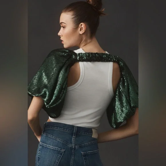 ✨ NWOT Anthropologie Emerald Sequin Sleeves - Picture 3 of 8